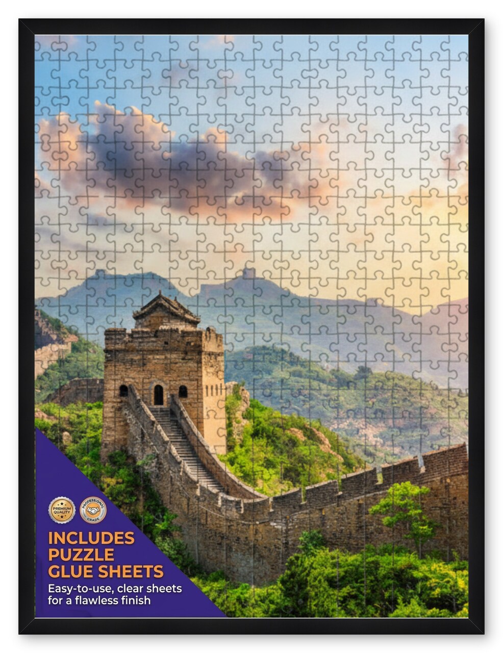 CustomPictureFrames.com Solid Wood Round Mat Puzzle Frame - Multiple Sizes - Black Precision-Cut Mat - Adhesive Preservation Sheets - Assembled in USA Made in the USA